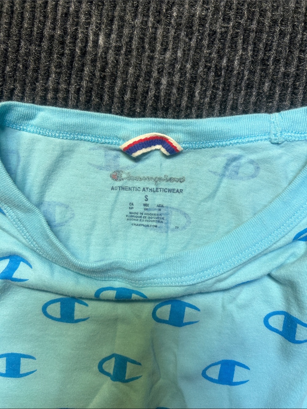 Champion Light Blue Tee with All-Over Blue Logos - Picture 2 of 3